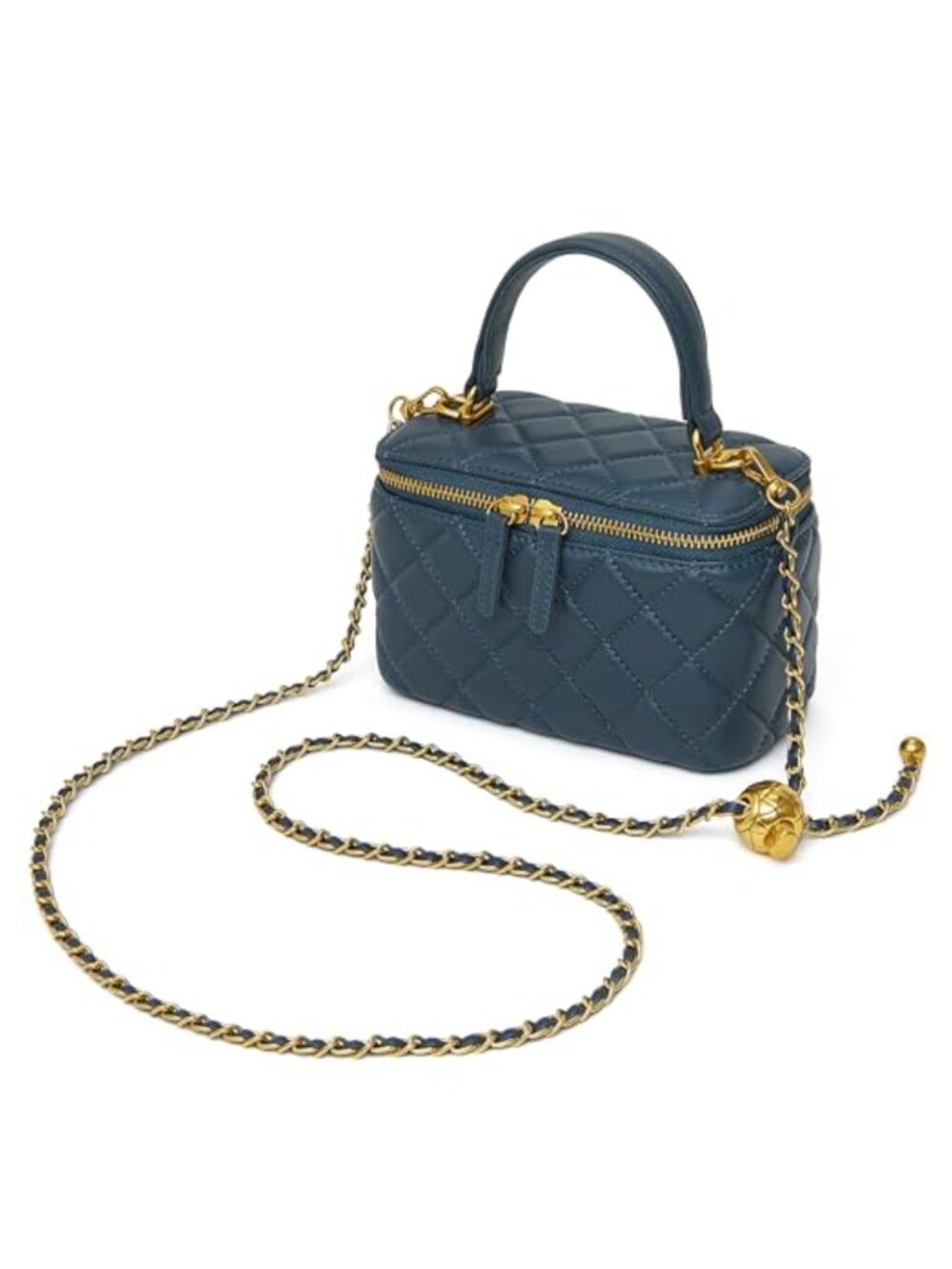 Genuine Lambskin Quilted Square Box Crossbody Bag with Metal Chain Strap